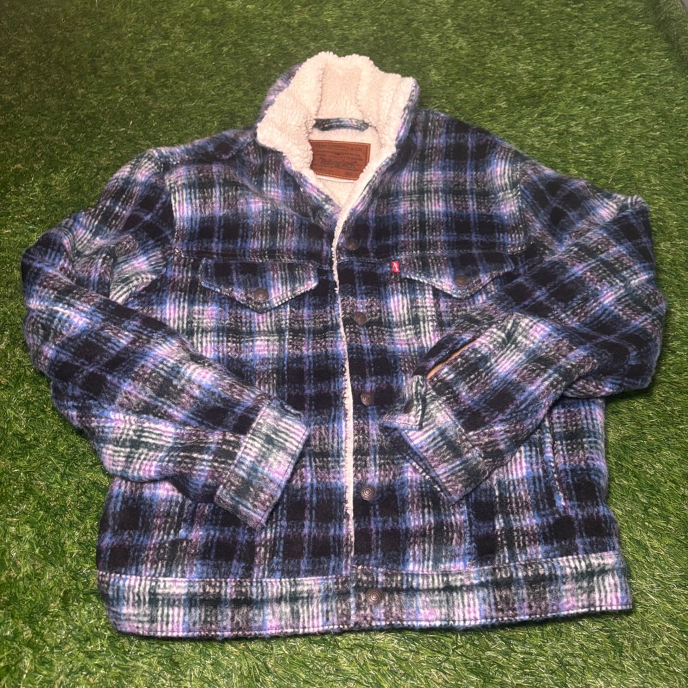 Levis Premium Vintage Fit Sherpa Trucker Jacket Blue Purple Plaid Wool Blend S